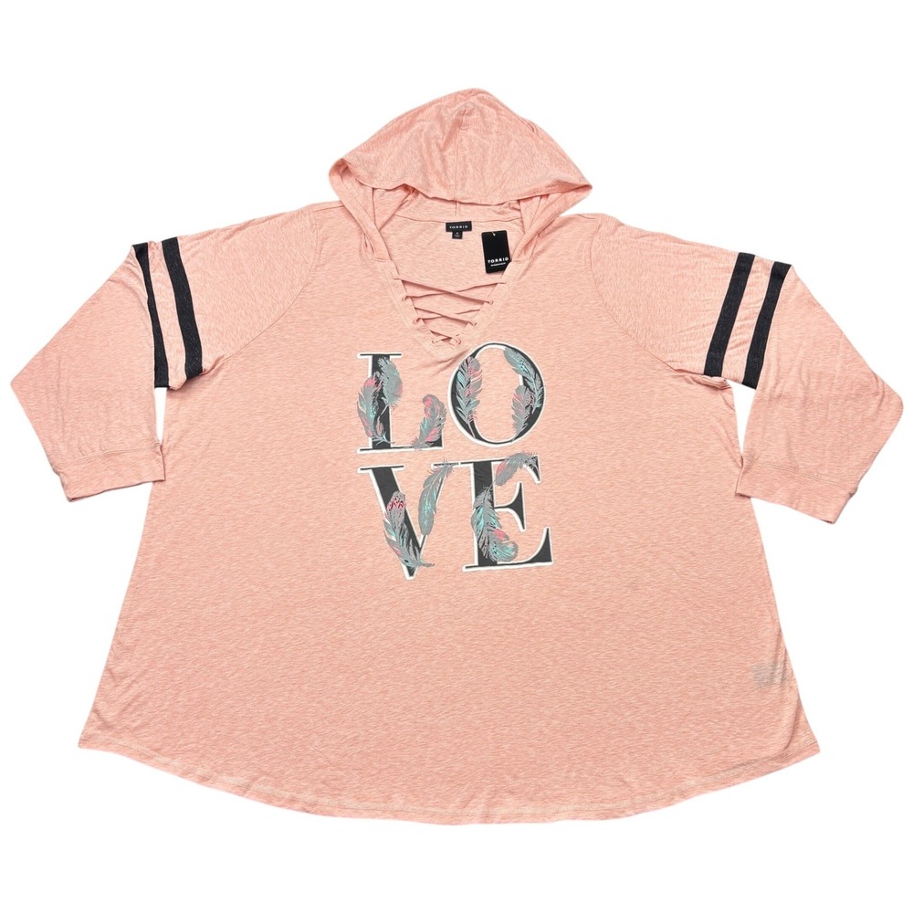 Torrid Hoodie Womens Plus 6 6X Pink Slub Lace Up Neck Love Feather Football NWT